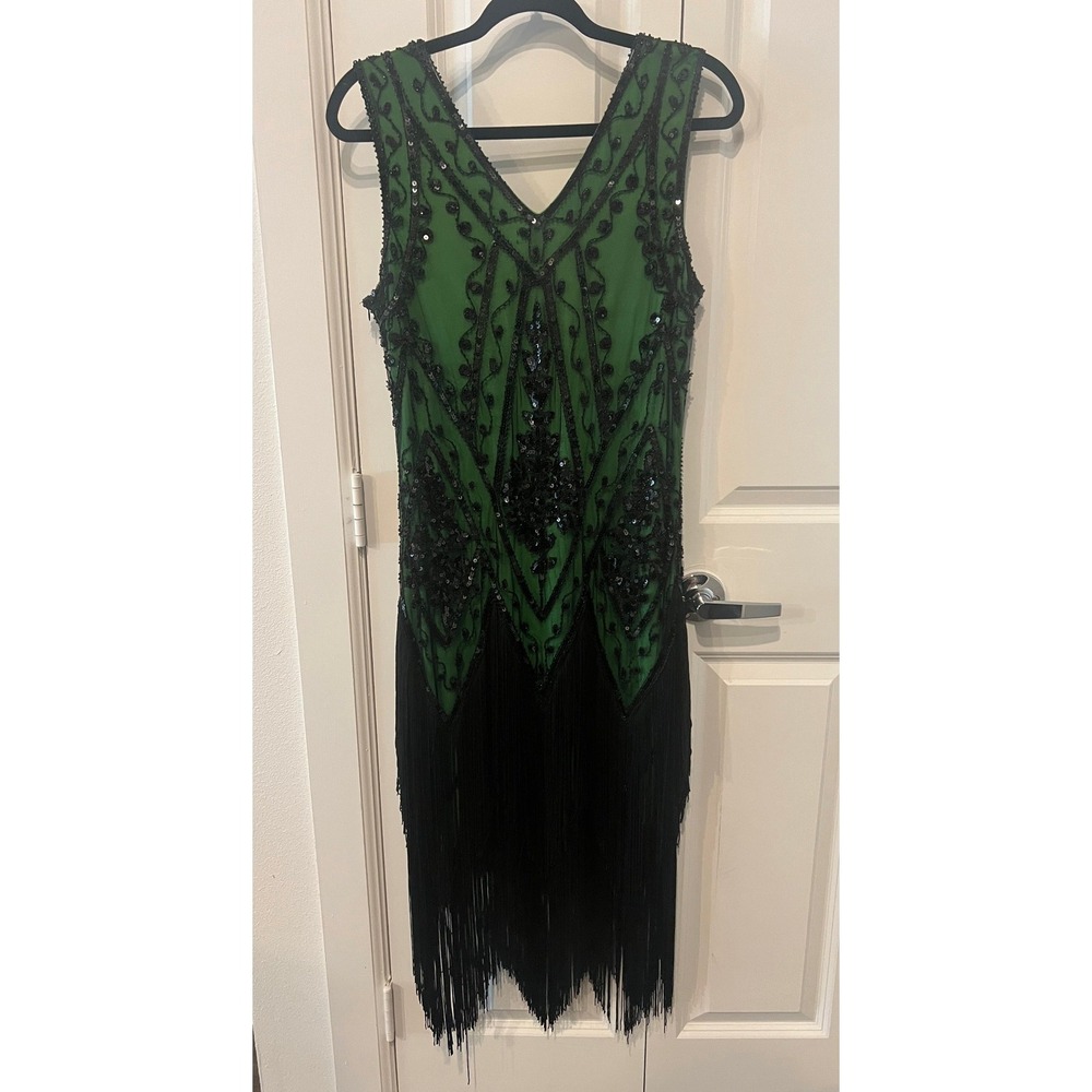 PrettyGuide Green Black Sequin Fringe Flapper Dress 1920s Gatsby Style L (1098) - Picture 5 of 16